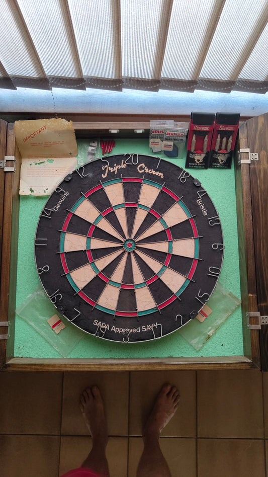 Vintage Triple Crown Bristle Dart Board, Cabinet and Scoring Chalkboards