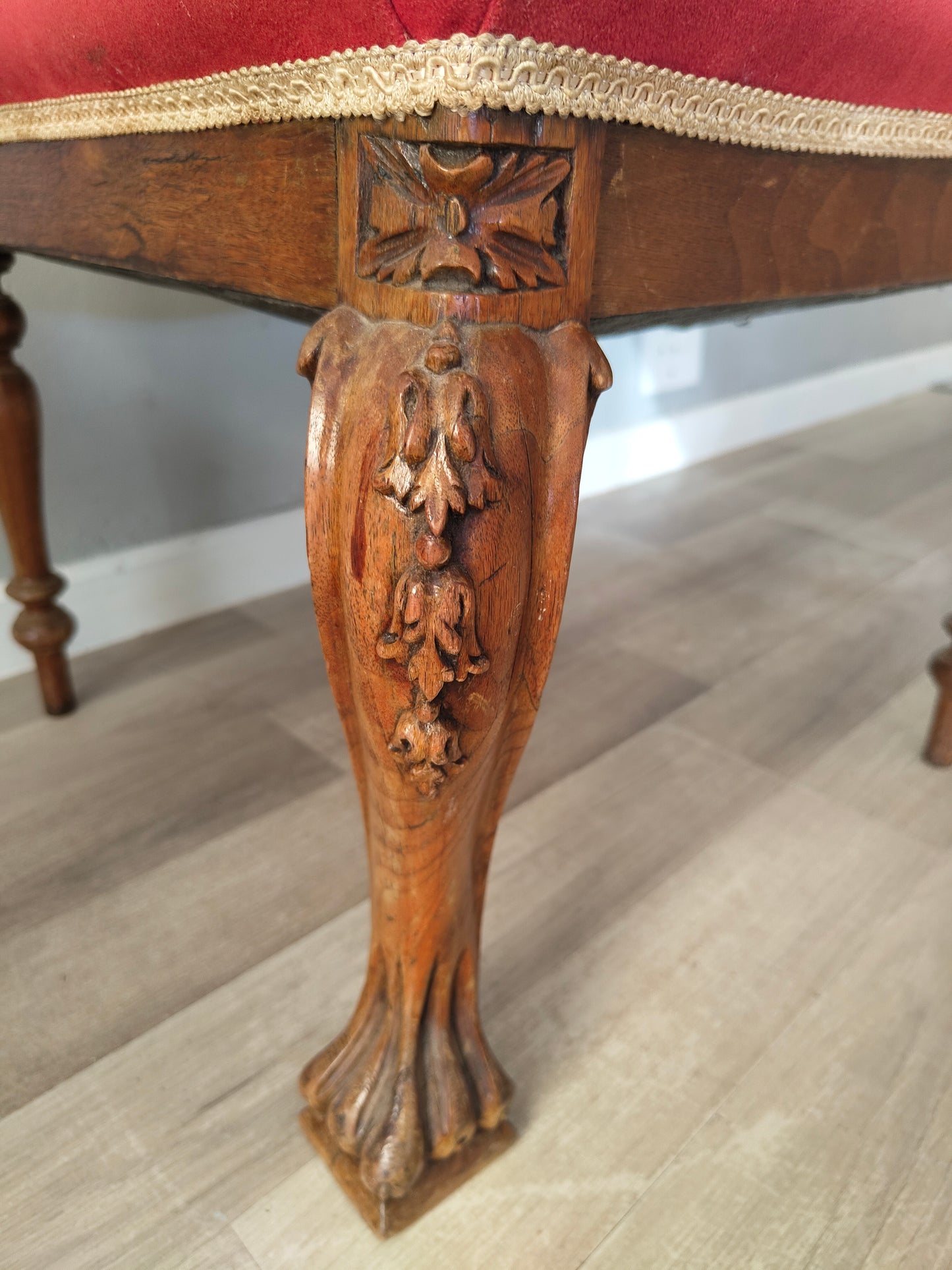 Vintage French Stool Chair Carved Wood Bench